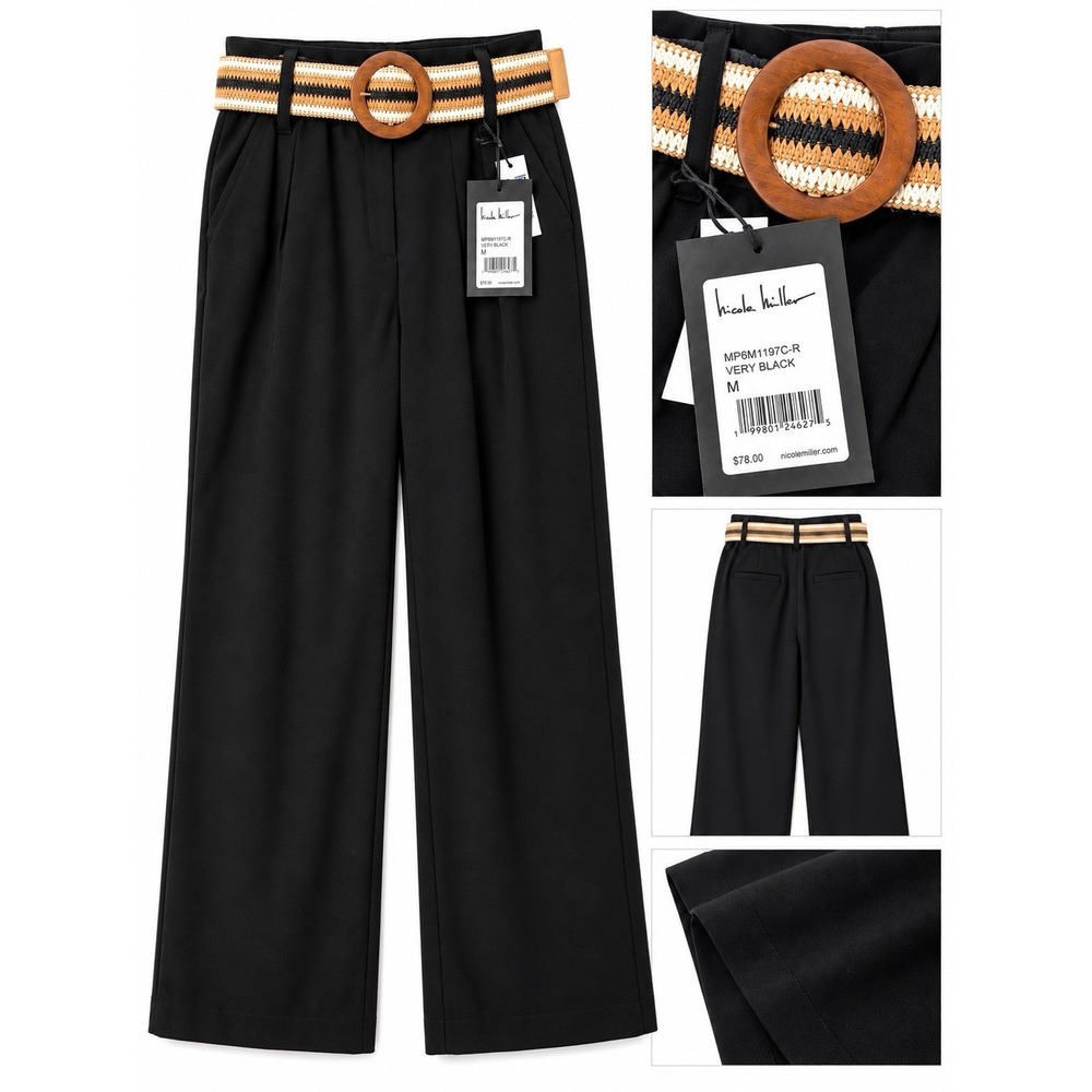 Nicole Miller Womens Black Wide Leg Pants M NWT Belted High Waist MP6M1197C-R